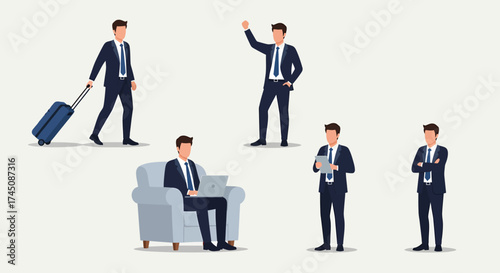 Set of Business People Illustrations Businessman Poses for Travel Working and Greeting
