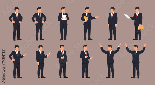 Business Professional Man Character Set in Various Poses Presentation Talking and Gestures Collection