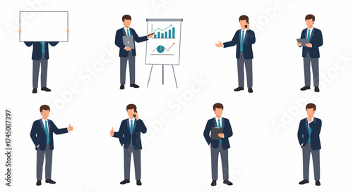 Businessman Character Set Eight Poses for Presentations Marketing and Corporate Communication
