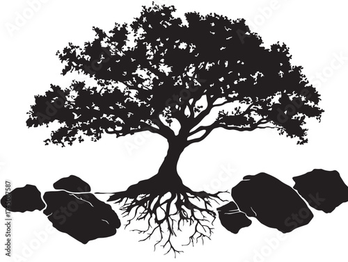 Detailed rocky roots scene 2D vector line art illustration  