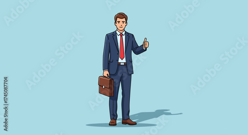 Confident Businessman in Blue Suit with Briefcase Giving Thumbs Up