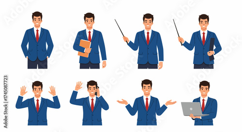Set of Business Man Character Poses Presentation Talking Working and Gestures on White Background