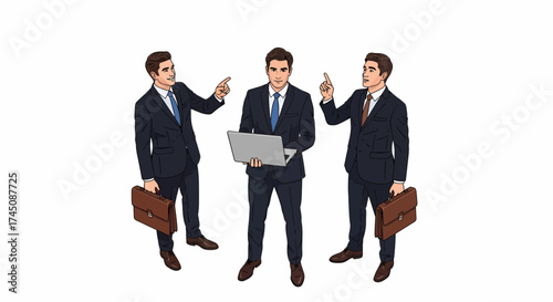 Business Team Decision Making Three Identical Professionals Collaborating with Laptop and Briefcases