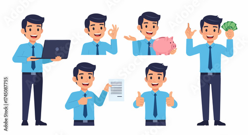 Set of Businessman Character Gestures Finance Work Success and Approval Illustrations