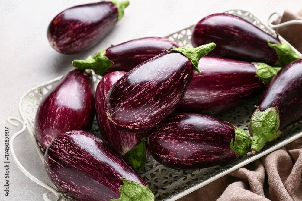 custom made wallpaper toronto digitalTray with fresh ripe eggplants on white background, closeup