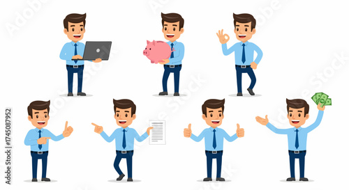 Businessman Character Set Working Saving Success and Money Gestures Isolated on White Background