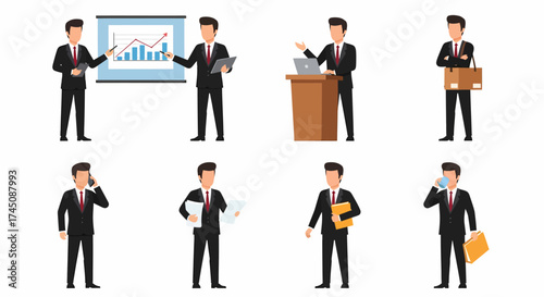 Collection of Businessman Character Icons Showing Diverse Corporate Activities and Poses