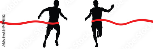 Runner silhouettes, finish line moment, race victory, athletic motion, red ribbon, competitive sprint, sports achievement, dynamic pose, black figures, speed