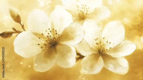 Elegant Watercolor Art of a Trio of Delicate Blossoms in Warm Golden Tones and Floral Beauty