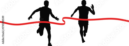 Running silhouettes, finish line victory, athletic race, sports competition, motion, speed, red ribbon, black figures, dynamic action, winning moment