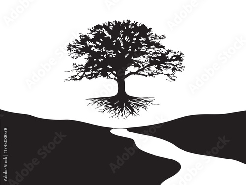 Winding valley around tree roots 2D vector line art botanical illustration  