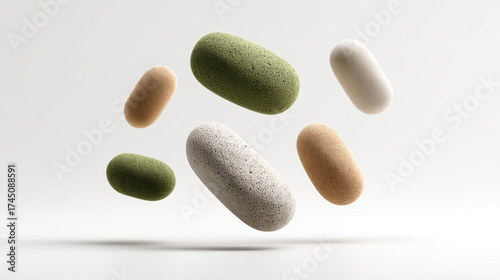 Fototapeta Naklejka Na Ścianę i Meble -  A minimalist abstract elements. A collection of porous, sponge-like forms in muted olive green and soft tan floating on a white background. 3D rendering illustration with a textured, airy surface.
