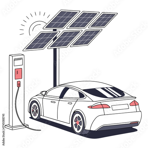 Electric car charging station powered by solar panels and sun