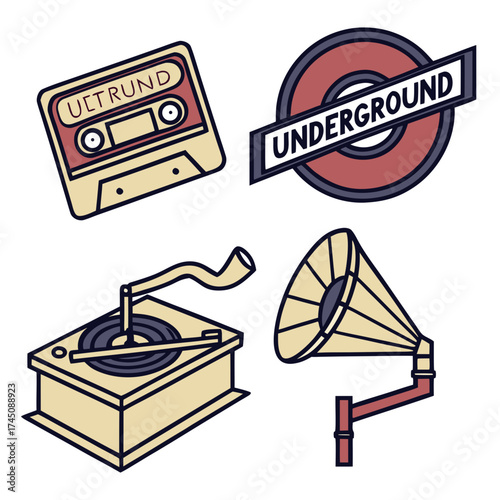 Vintage music and transportation icons collection