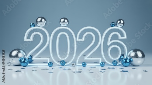 Glowing neon 2026 numbers with silver and blue festive ornaments and scattered stars on a light background, symbolizing a new year celebration.
