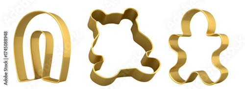 Set of metal cookie cutters for homemade Christmas biscuit on a white background. 3d render of making gingerbread cookies in the kitchen.