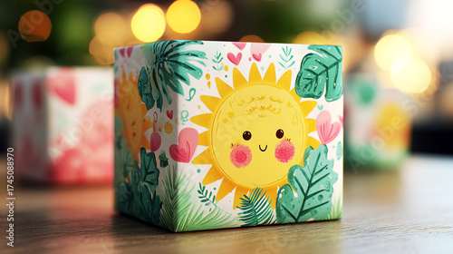 Cute cartoon sun character on gift wrap with tropical leaves and flowers bokeh background