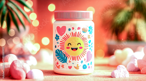 Cute cartoon lion decorated jar surrounded by soft bokeh lights and colorful objects