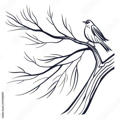 Minimalist illustration of a bird perched on a bare tree branch