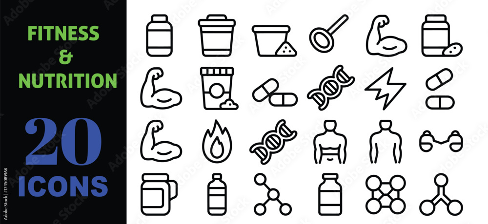 Naklejka premium Vector art of fitness and nutrition icons set