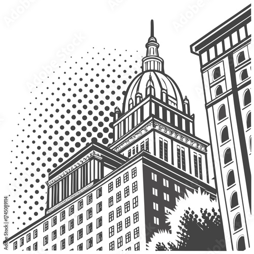 Vintage cityscape with dome building and halftone pattern