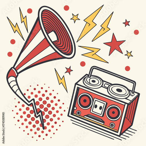 Retro boombox and megaphone with lightning bolts and stars