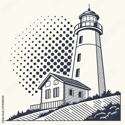 Lighthouse and keeper s house on a hill with halftone pattern