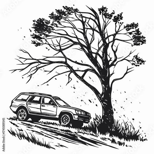 Station wagon driving on a dirt road under a large tree