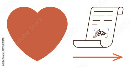 Red heart next to a signed document and arrow indicating process flow. Ideal for love, contracts, agreement, commitment, relationships, emotional bonds, legal acknowledgment. Simple flat metaphor