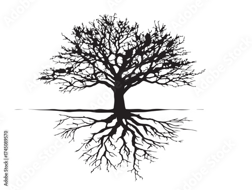 Peaceful Tree Roots Touching Water Surface 2D Vector Line Art Design  