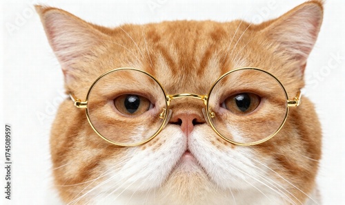 An exotic shorthair cat, resembling Garfield, wearing round glasses on a clean white background.