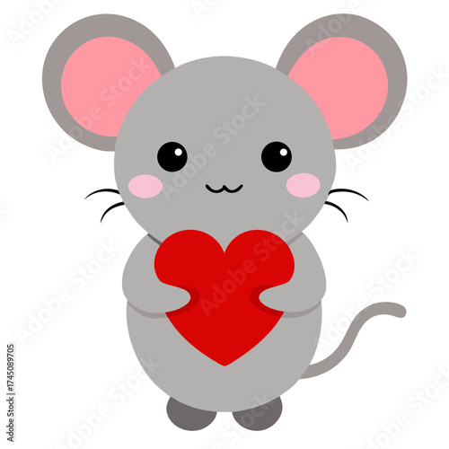 Adorable gray cartoon mouse with large pink ears and rosy cheeks holding a red heart vector on white background.
