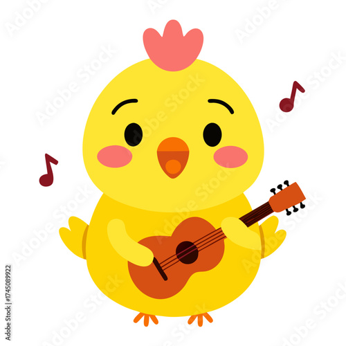 Yellow chick with a red comb happily playing a brown acoustic guitar and singing animal vector on white background.