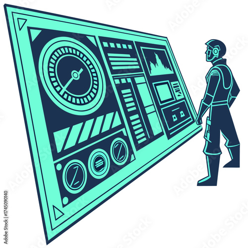 Futuristic astronaut interacting with a high tech control panel interface