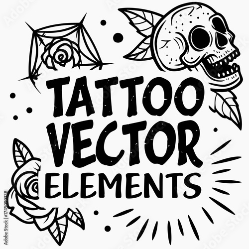 Traditional tattoo vector elements skull rose spiderweb and text