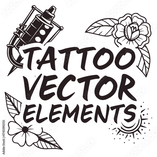 Tattoo vector elements with machine flower and sun designs