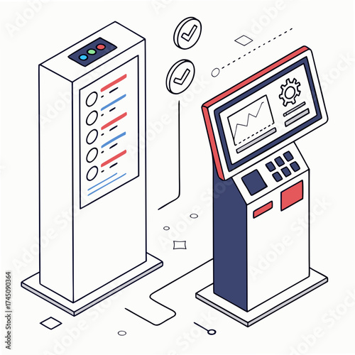 Isometric illustration of two modern kiosks with digital displays and interactive elements
