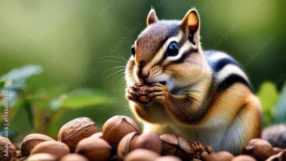Obraz premium Adorable striped chipmunk snacking on a pile of walnuts in a green forest.