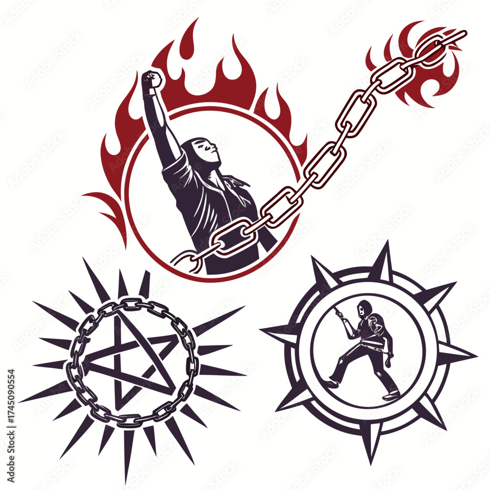 Fototapeta premium Rebellion and strength symbols with chains and flames
