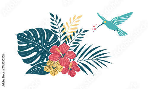 Tropical Summer Bouquet with Hummingbird – Flat Vector Illustration, easily editable.