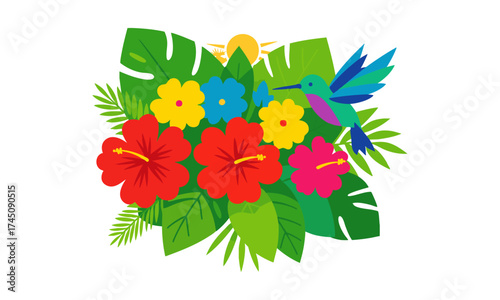 Tropical Summer Bouquet with Hummingbird – Flat Vector Illustration, easily editable.