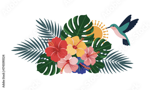 Tropical Summer Bouquet with Hummingbird – Flat Vector Illustration, easily editable.