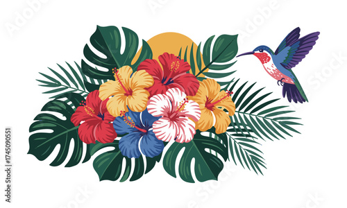 Tropical Summer Bouquet with Hummingbird – Flat Vector Illustration, easily editable.