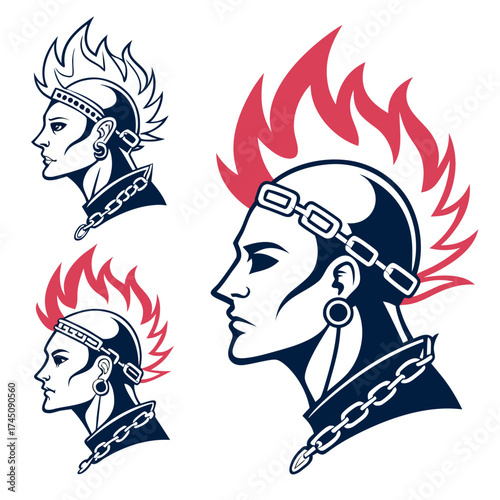 Punk rock mohawk profile illustration with chains and flames