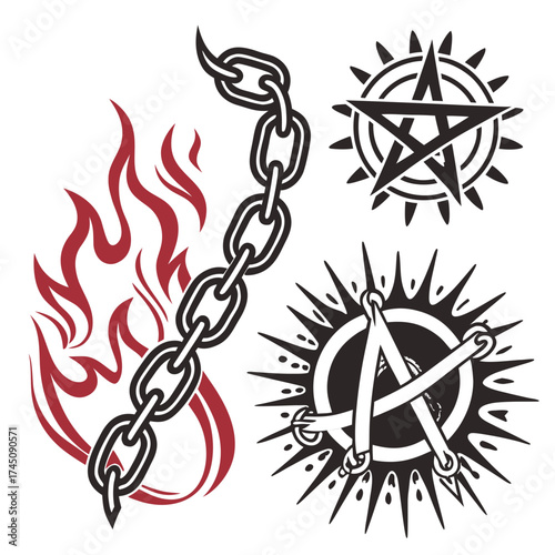 Collection of occult and rebel symbols with chains and flames