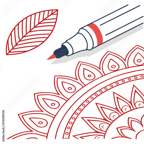 Red marker drawing a mandala pattern and a leaf