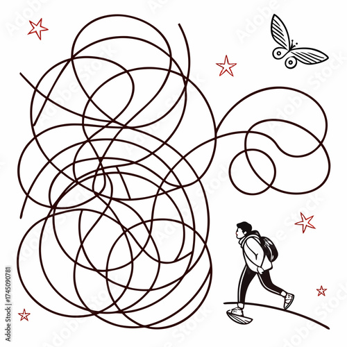 Boy with backpack navigates a complex maze with stars and butterfly