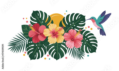 Tropical “Summer Vibes” Lettering with Hibiscus, Monstera, and Hummingbird – Flat Vector Illustration, easily editable and scalable.