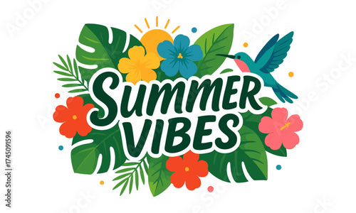 Tropical “Summer Vibes” Lettering with Hibiscus, Monstera, and Hummingbird – Flat Vector Illustration, easily editable and scalable.