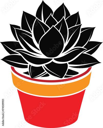 Stylized black succulent plant in a red and yellow pot